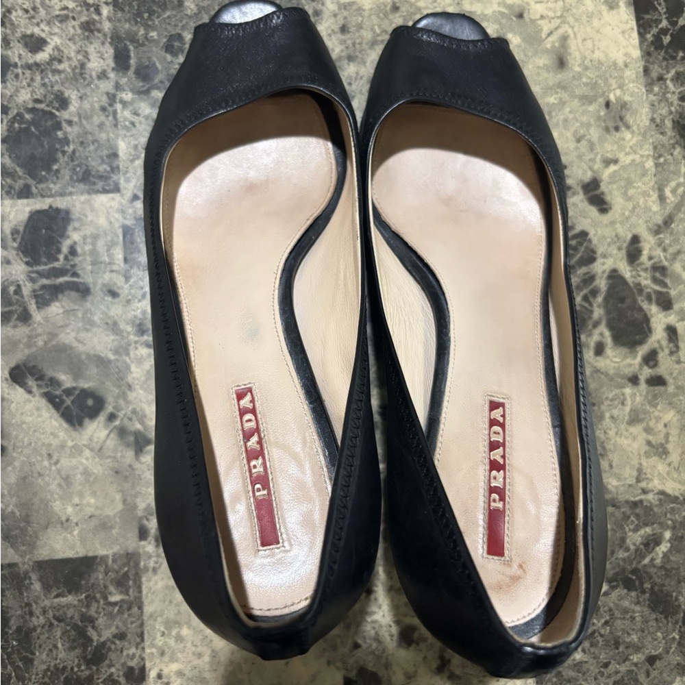 Prada Black Leather Peep-Toe Heels - Picture 5 of 7